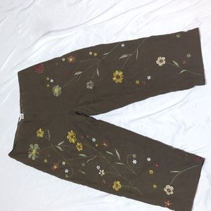 Army Green Embroidered Daisy Flower Linen Blend Cropped High Rise Boho Pants SEE